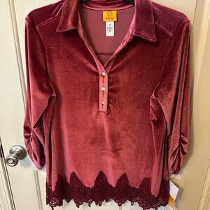 Ruby Rd. Velvet Burgundy Blouse with Lace Hem